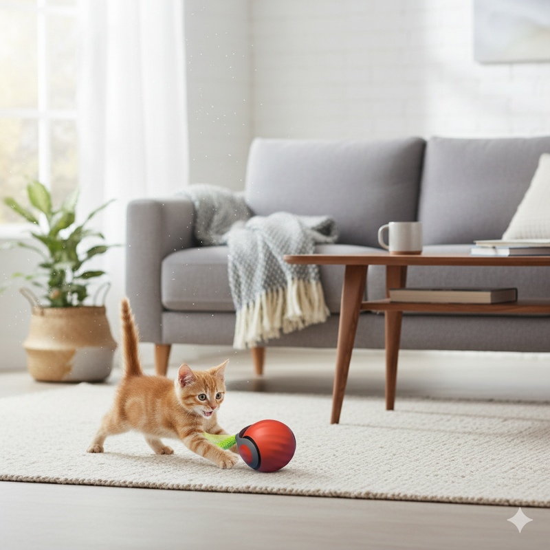 Smart ball moves automatically on hardwood, cat watching.